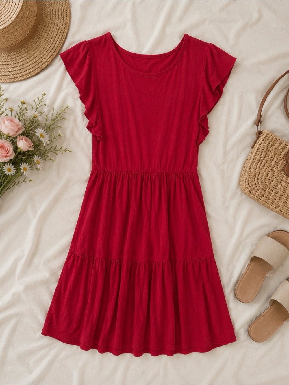 Olivia Rae New York Red Tiered Flutter Sleeve Casual Dress